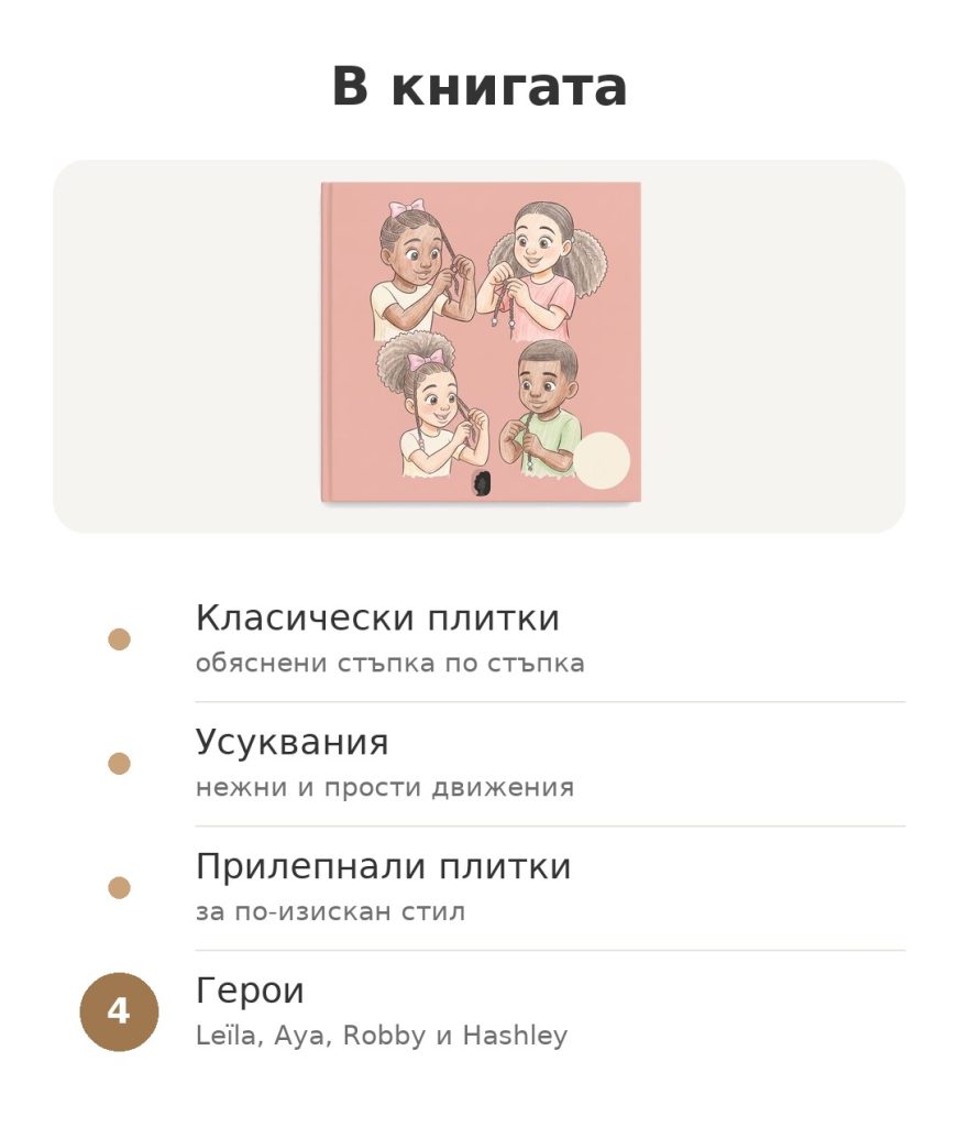 В книгата: научи се да плетеш чуплива коса с класически плитки, усуквания, прилепнали плитки и четирима герои