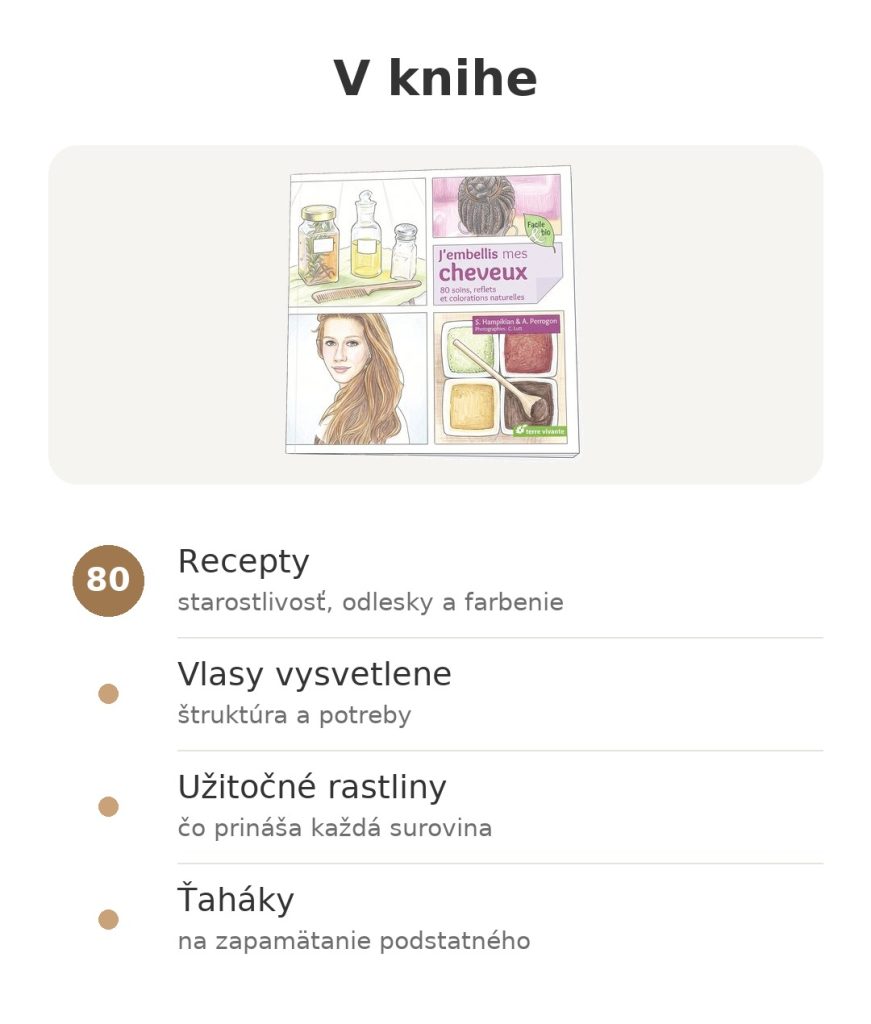 V knihe: J'embellis mes cheveux, 80 receptov, vlasy vysvetlene, užitočné rastliny a ťaháky