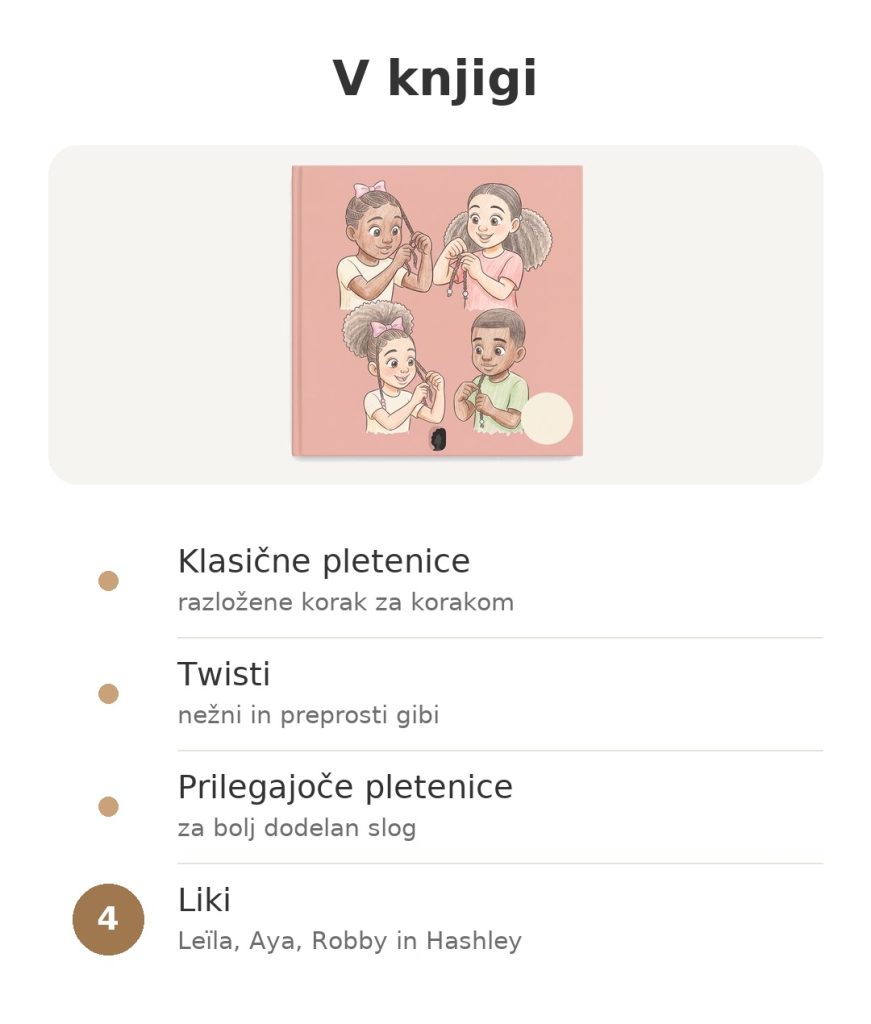 V knjigi: naučite se plesti kodraste lase s klasičnimi pletenicami, twisti, prilegajočimi pletenicami in štirimi liki
