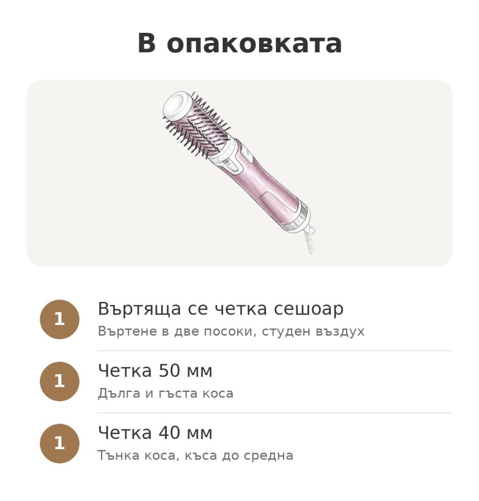 В опаковката: въртяща се четка сешоар Rowenta с четка 50 мм и четка 40 мм