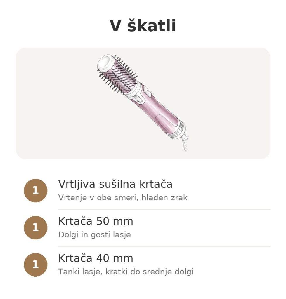 V škatli: vrtljiva sušilna krtača Rowenta s krtačo 50 mm in krtačo 40 mm