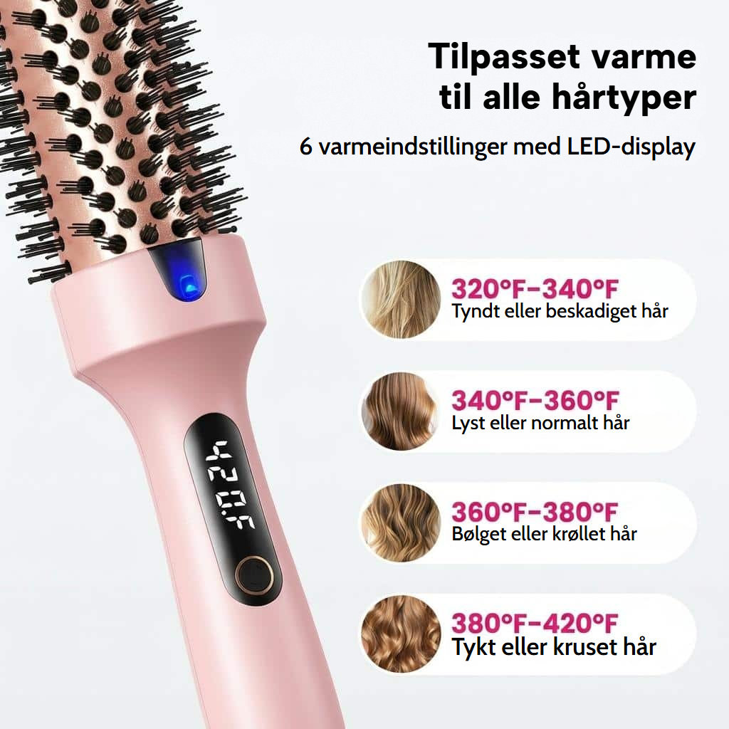 Varmebørste, der glatter, krøller og giver volumen, med LED-skærm