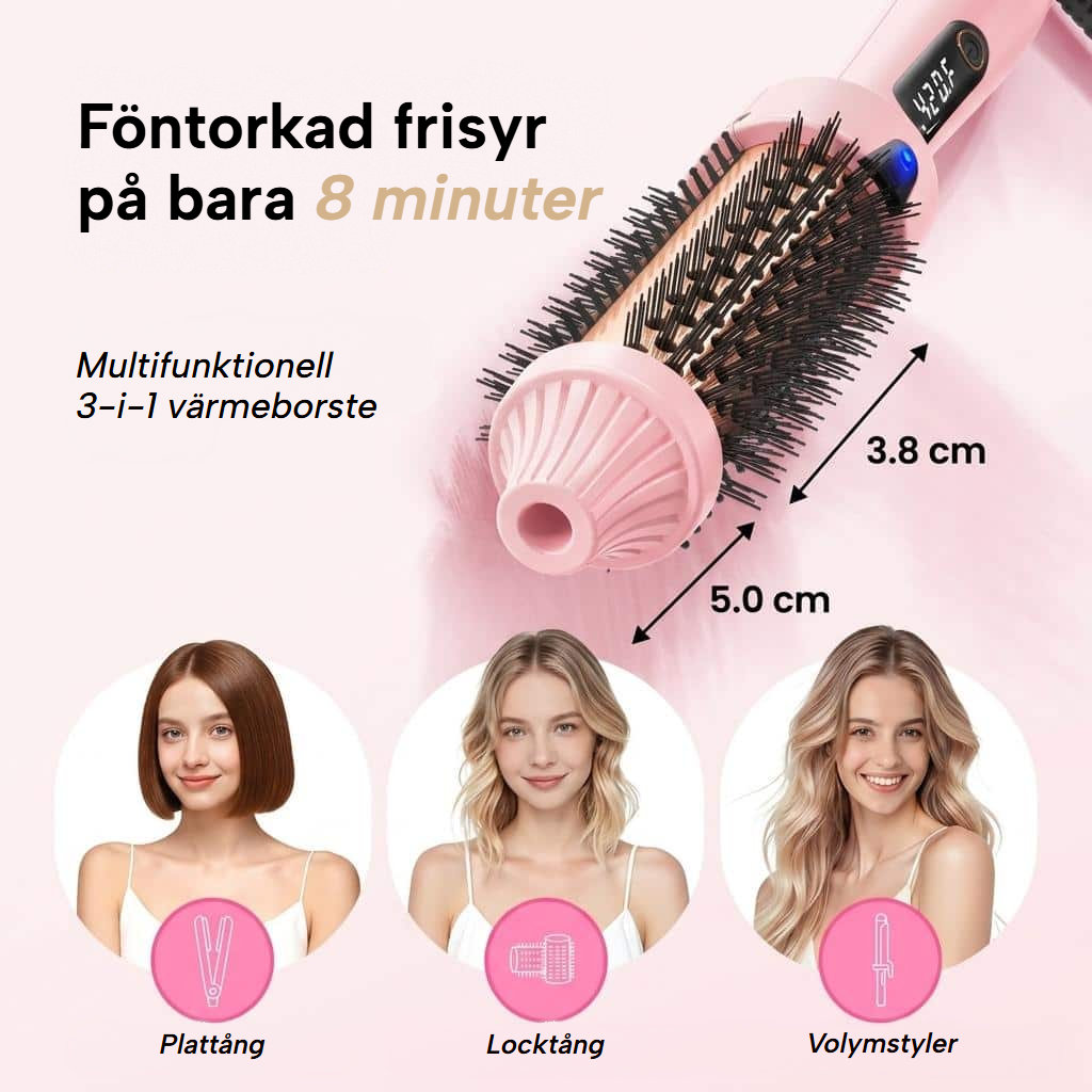 Värmeborste som slätar, lockar och ger volym, med LED-display