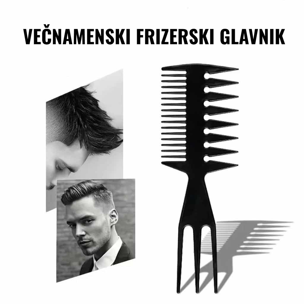 Večnamenski glavnik za oblikovanje las z dvema stranema, s finimi in širokimi zobmi za razčesavanje in oblikovanje