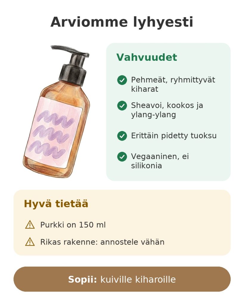 Arviomme lyhyesti: vegaaninen kiharavoide sheavoilla, kookoksella ja ylang-ylangilla