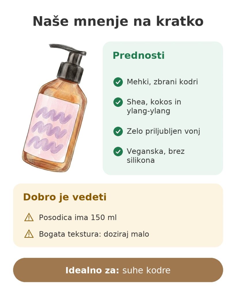 Naše mnenje na kratko o veganski kremi za kodre s shea maslom, kokosom in ylang-ylangom