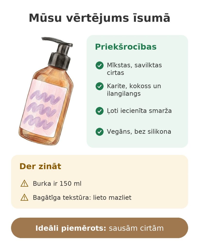 Mūsu vērtējums īsumā par veganu cirtu krēmu ar karite, kokosu un ilangilangu