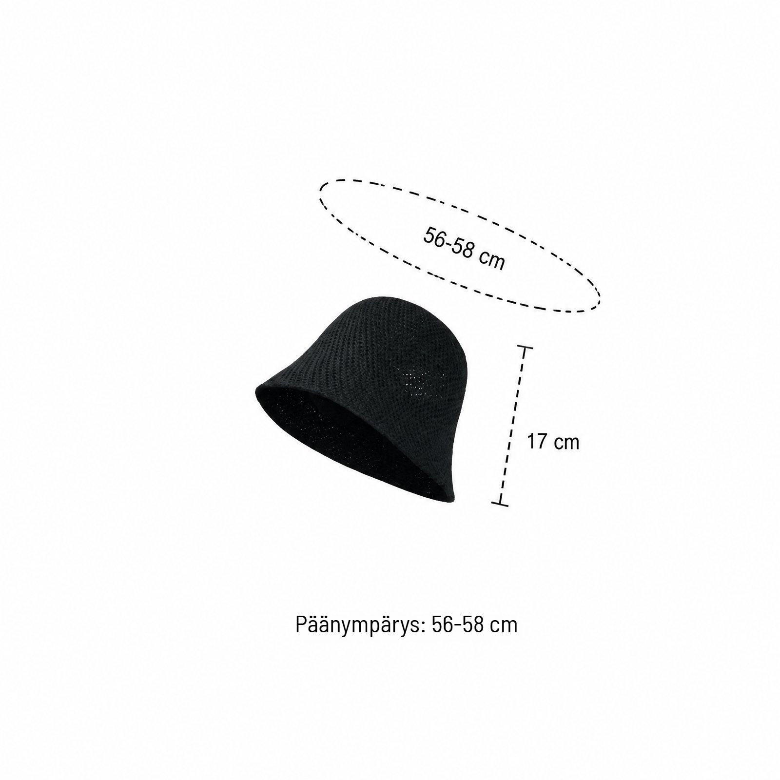 Musta virkattu kalastajahattu mittoineen, päänympärys 56-58 cm ja korkeus 17 cm