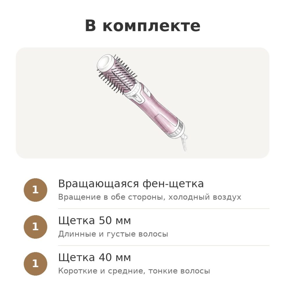 Комплектация вращающаяся фен-щетка Rowenta: вращающаяся фен-щетка, щетка 50 мм, щетка 40 мм