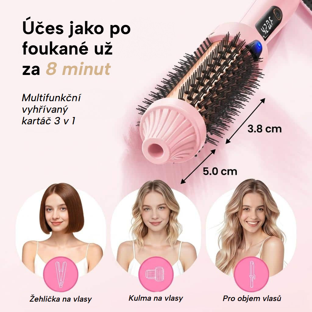 Uhlazující termokartáč s LED displejem pro vytváření kudrn a objemu