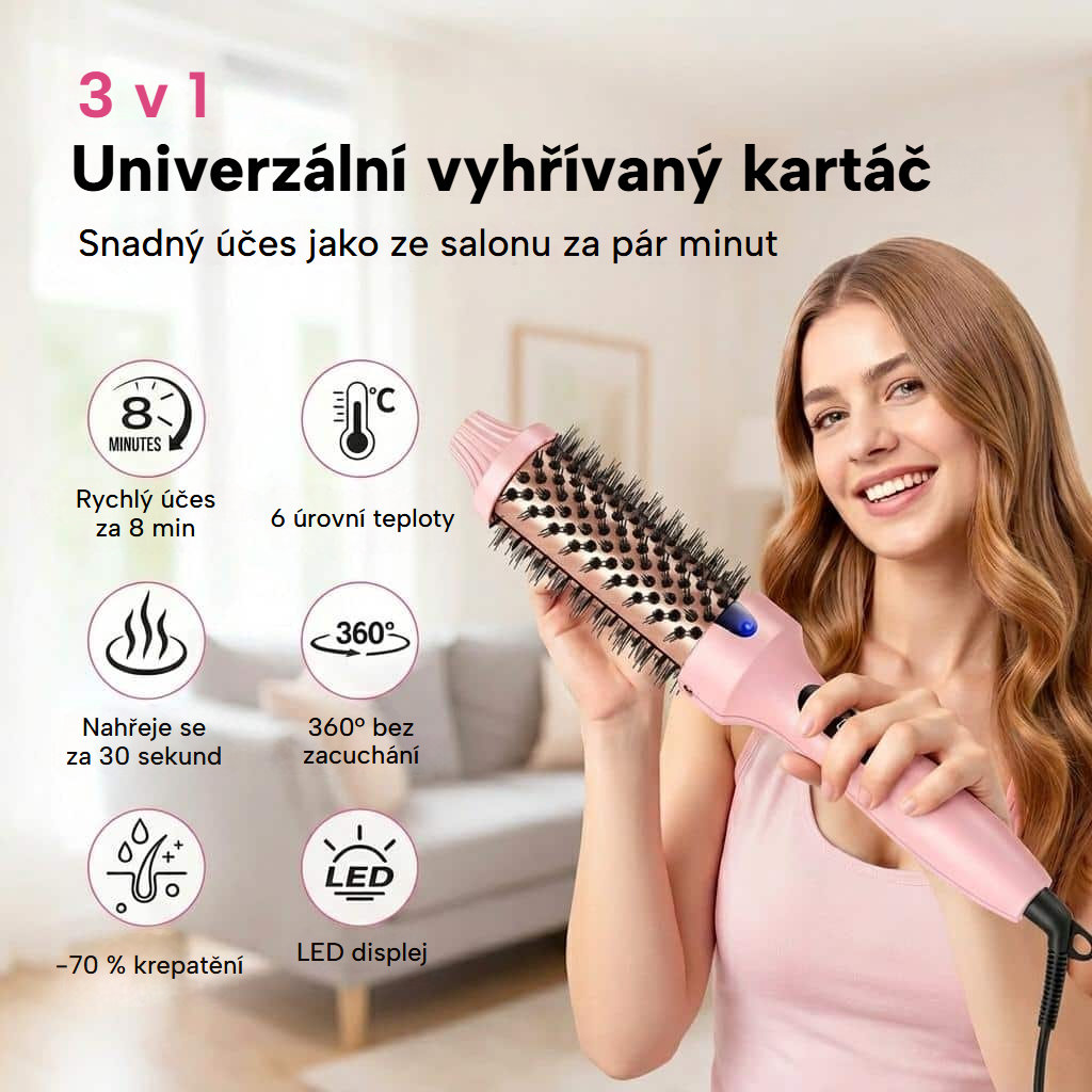 Uhlazující termokartáč s LED displejem pro vytváření kudrn a objemu