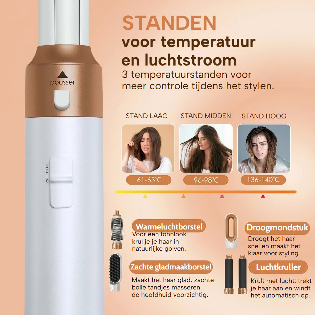 5-in-1 warmeluchtborstel met drie temperatuurstanden en vier stylingopzetstukken uitgelegd