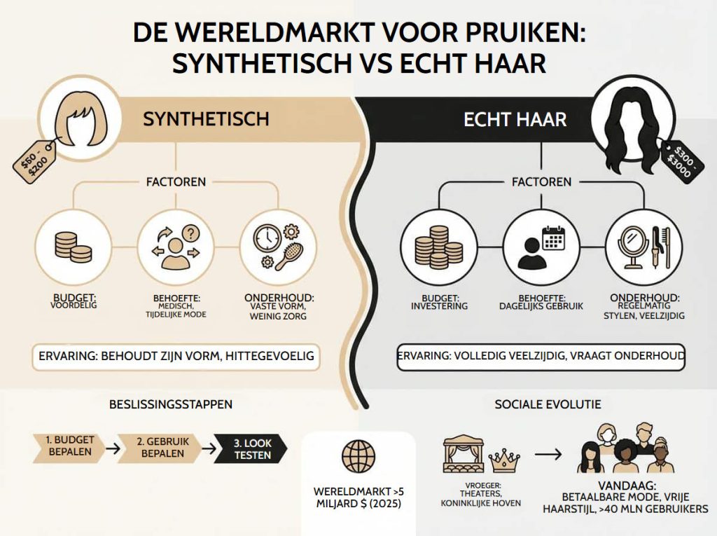 Infographic over de wereldmarkt voor pruiken: synthetische pruiken en pruiken van echt haar vergeleken op budget, gebruik en onderhoud