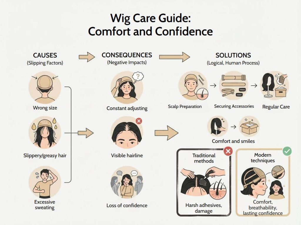 Infographic wig care guide: causes of slipping, consequences and solutions for comfort and confidence when wearing a wig