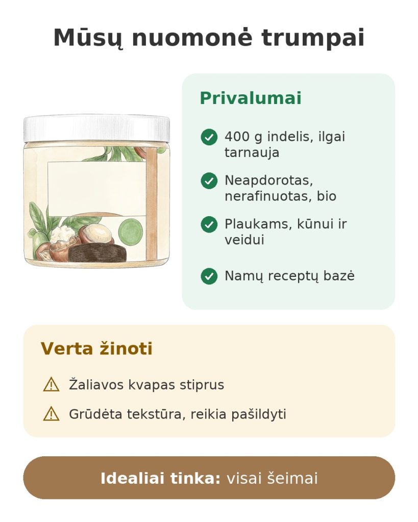 Mūsų nuomonė trumpai apie žaliavinį ši sviestą, stipriosios pusės ir ką verta žinoti